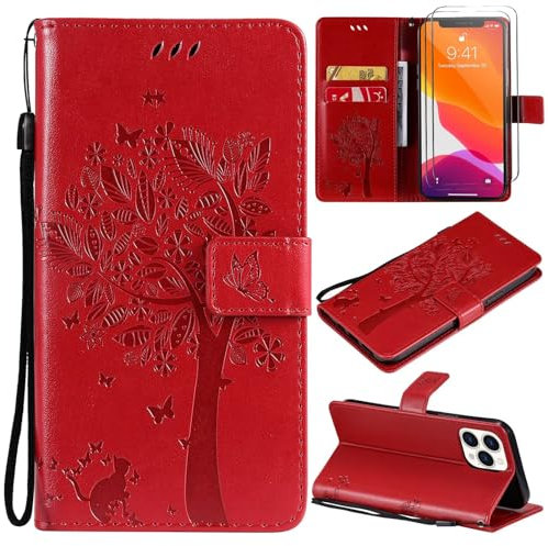 Beajew Funda para Huawei Mate 10 + 2 Vidrio Templado Protector de Pantalla, Hebilla Magnetica, Ranuras Tarjetas Carcasa para Huawei Mate 10 (Rojo)