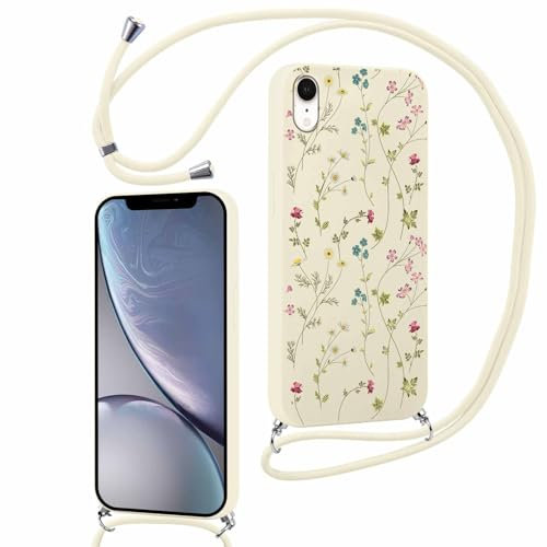 Xylota Handykette Handyhülle für iPhone XR 6,1 Hülle mit Band, Aesthetic Muster Blumen Case Kordel zum Umhängen Schutzhülle, Weich TPU Bumper Silikon Stoßfest Cover für iPhone XR,Beige