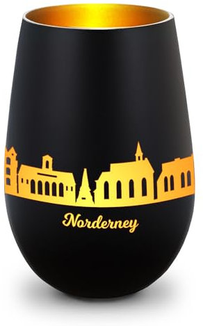 GRAVURZEILE Deko Windlicht aus Glas mit Gravur - Skyline Norderney - Hochwertige 360° Lasergravur - Dekoratives Geschenk als Andenken, Souvenir oder für Sammler zum Geburtstag - Farbe: Schwarz/Gold
