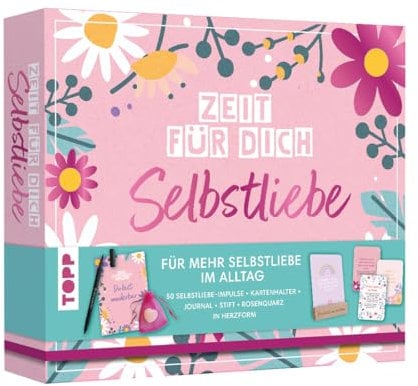 Zeit für Dich Geschenkbox - Selbstliebe. Box mit 50 Selbstliebe-Karten mit verschiedenen Impulsen & Übungen, Kartenhalter, Journal, Brush Pen und einem Rosenquarz in Herzform