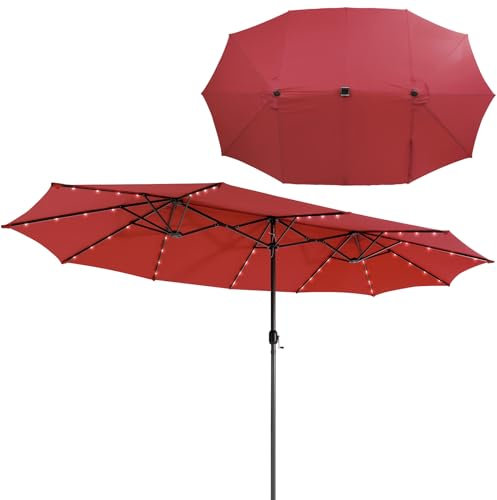 KOMFOTTEU Sombrilla Doble 470x280x246,5cm con LED, Parasol de Jardín Rectangular con Manivela, Sombrilla de Balcón Grande con Panel Solar de Carga Automática y UPF 50+ para Piscina, Patio (Vino)