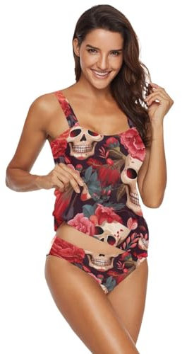 2 Stück Damen Badeanzug Tankini Badeanzüge Bademode Set Tankini Badeoberteil mit Shorts, Funny Skulls Red Flowers-2, Medium