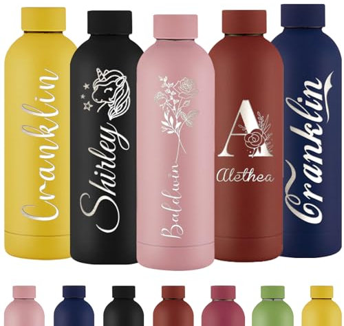 Personalisierte Trinkflasche Gravur Wasserflasche mit Namen Individuell Rostfreier Edelstahl Metall 500 ml Thermosflasche für Schule Büro Sport