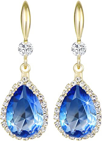 Linawe Hängende Ohrringe - Blauer Stein, Goldene Tropfen Ohrringe mit Kristall und Diamanten