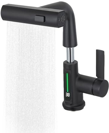 OUBUBY Ausziehbarer Küchenmischer, Bad Einhebelmischer Spültischmischer Schwenkbarer Wasserhahn mit LED Digitalanzeige 30 * 20,3cm Geeignet für Küche, Bad (Schwarz)