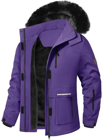 CMTOP Winterjacke Damen Wasserdichte Winddichte Skijacke Gefüttert Regenjacke für Wandern Trekking Softshell Übergangsjacke Wanderjacke mit Abnehmbarer Kapuze(Lila,XL)