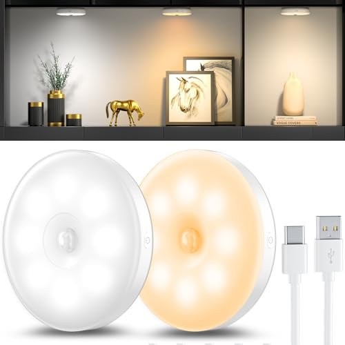 daphomeu 2 Pack Luz Nocturna con Sensor de Movimiento,Luz LED Recargable USB 3 Colores, Iluminación de Armarios, Sensor Interno para Escaleras, Dormitorio, Cocina, Habitación Infantil.