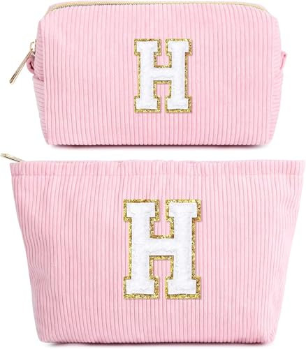 Kosmetiktasche für Damen, Initialen Make-up-Tasche, Mädchen Beauty Case, Cord-Reise Kulturbeutel Schminktasche, Personalisierte Weihnachten Geschenk für Teenager Mädchen Freund, Rosa Kosmetiktasche H