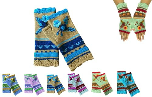 Handgestickte Armstulpen Damen Winter Fingerlose Handschuhe Blumen Stickerei Stulpen Damen Hände Handstulpen Pulswärmer Handschuhe Strick Winterhandschuhe Gestrickte Fingerlose Fäustlinge (04)