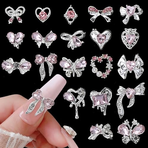 Luxus Rosa Diamant Nagel Charms 3D Butterfly Nail Art Charms Bow Nail Charms Y2k Heart Charms Nägel Zubehör Schmetterling Herz Schleife Nageldesign Edelsteine Strasssteine Glitzersteine Nagelschmuck
