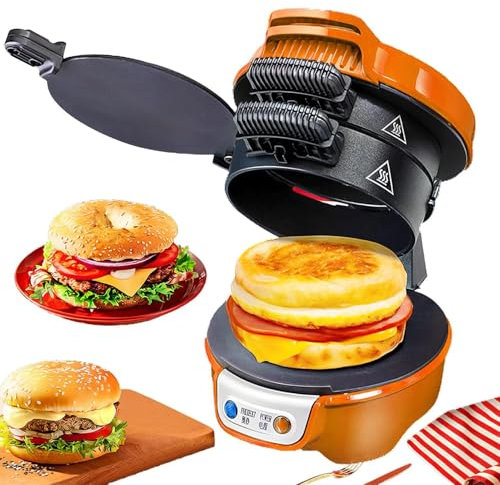 UIHECTA Breakfast Sandwich Maker, Panini Maker, Electric Burger Maker Machine, with Egg Cooker Ring, for English Muffins, Croissants, Mini Waffles, Burger, Omelette, Toast,Orange,1pcs