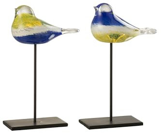 J-Line Oiseau sur pied en verre/métal Bleu/jaune Petit modèle 2 assortis (lot de 2)