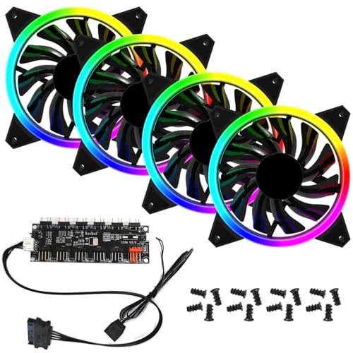 RGB PC Cooling Fan Kit, Rainbow LED Addressable RGB 120mm Case Cooling Fans With Hub Controller Set for PC Cases, Gaming PCs (4 Fans With Hub)