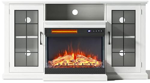 Warmiehomy Electric Fire Insert TV Stand, 59 TV Unit with Fireplace Built in, 12 Flame Effect Support, 24 3D Fireplace, Remote Control & Overheat Protection, White