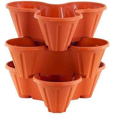 ADEPTNA Pack of 3 Stackable Trio Strawberry Planter Pots Terracotta Durable Plastic Herb Flower Bedding Plant Containers Weather-Resistant Vertical Garden Design Perfect Indoor Outdoor Use