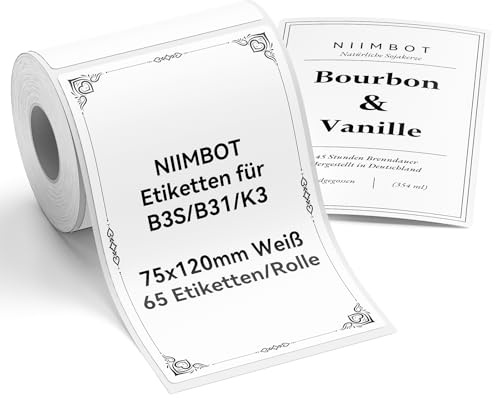 NIIMBOT Etiketten Selbstklebender Etikettenband für B31 B3S K3 B4 Etikettendrucker, 75 x 120mm 65 Etiketten pro Rolle, 1 Rolle Thermo-Etikettenband für Supermärkte, Einzelhandel, Büro, Weiß