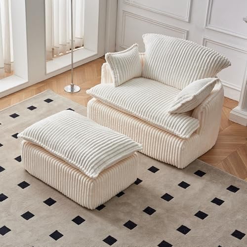 FunniHomi Einzelsofa mit Fußstütze, Cord-Stoff Komfortables Dekompressions-Box-Sofa, tragbares Wraparound-Gefühl für kleinen Raum, geeignet für Schlafzimmer, Wohnung, Büro, kleines Haus Beige