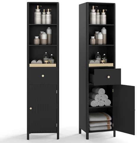 COSTWAY Bathroom Tall Cabinet, Freestanding Slim Bathroom Storage Unit with Drawer, Fluted Door and Open/Adjustable Shelves, 170cm High Wooden Narrow Floor Cupboard for Living Room Kitchen (Black)