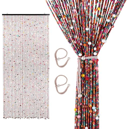 SWAWIS 200x90cm Perlenvorhang Türvorhang Bambus Bunt mit 2 Bänder