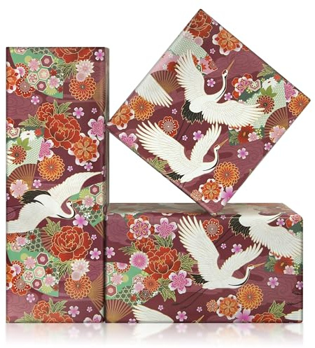 Japanisches Geschenkpapier, japanischer Stil, Fächerkraniche, Blume, Rotwein, Burgunderrot, Geschenkpapier, 4 Blatt, flach gefaltet, 50 x 70 cm, für Geburtstag, Hochzeit, Babyparty