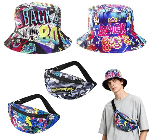 4 Stücke Retro 80er/90er Fischerhüte Bucket Hat, 2 Wendbarer Bucket Hat + 2 Hip Hop Umhängetasche, Hiphop Rock Scrawl Fischerhut Modische, Anglerhut Sonnenhut Faltbar Fishing Hut für Strand Hip-Hop