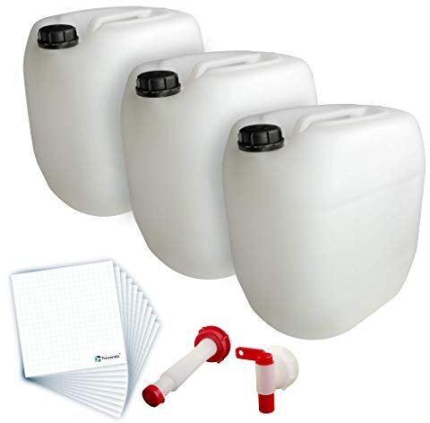 Trevendo® 3er Pack 30 Liter Leerkanister, HDPE, natur, UN-Zulassung: 3H1/X1.9/250, inkl. Auslaufhahn, Ausgießer flex und 10 Etiketten