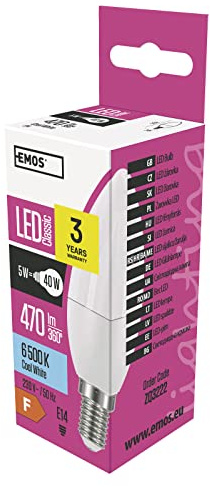 EMOS LED Lampe Candle, 5 W Ersatz für 40 W Glühbirne, E14 Sockel, Helligkeit 470 Lumen, Kaltweiß 6500 Kelvin, 30000 Stunden Lebensdauer, CRI min. 80, 270° Abstrahlwinkel