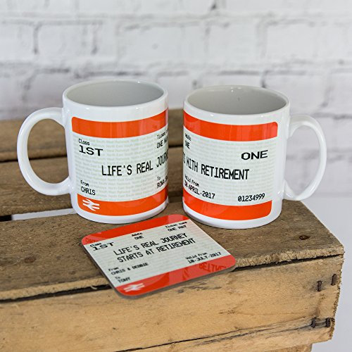 Personalised Retirement Gift - Life Begins at Retirement Train Ticket Print Mug