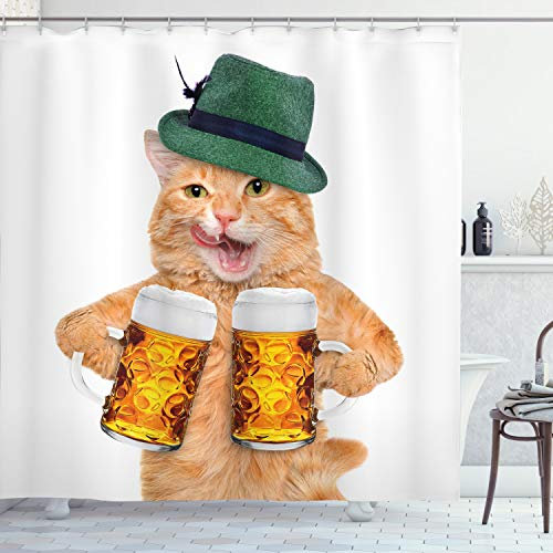ABAKUHAUS Gato Cortina de Baño, Enfriar Gato del Sombrero de la Cerveza Taza Divertida, Material Resistente al Agua Durable Estampa Digital, 175 x 180 cm, Blanco Verde Amarillo