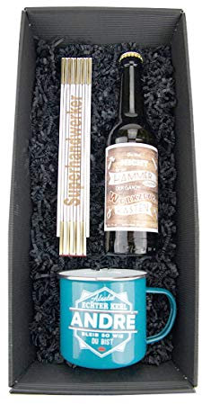 Geschenkbox - Vatertag - Bier - Emaille Metall-Becher zum auswählen - Zollstock mit hochwertiger Gravur - Geburtstag - Handwerker- Mann, Emaile-Becher:Dirk