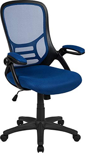 Flash Furniture Porter Bürostuhl mit hoher Rückenlehne und Verstellbarer Lendenwirbelstütze und Sitzhöhe, ergonomischer Schreibtischstuhl aus Netzstoff mit hochklappbaren Armlehnen, Blau/Schwarz