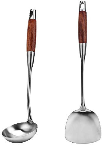 Coolty 2 Pieces Kitchen Utensil Set, 304 Stainless Steel Wok Spatula and Soup Ladle Set with Long Heat Resistant Wood Handle