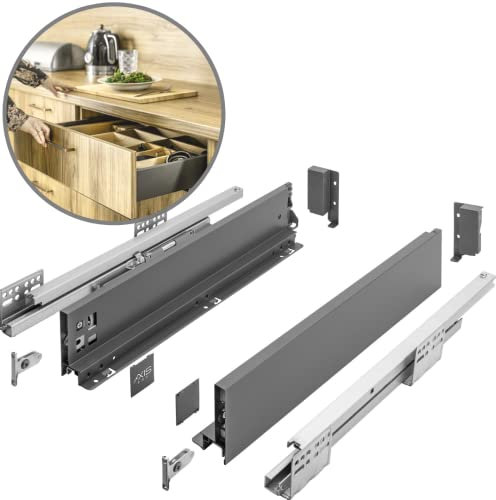 GTV Schubladensystem AXIS PRO I Schubkastengarnitur mit Vollauszug und integriete Dämpfung I Anthrazit I Belastbarkeit bis 40 kg I Soft-Close I Den freien Zugang I Breite: 450 mm I Höhe: 86 mm