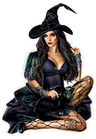 Hotrodspirit – Sticker Pin-up Hexe, mit Spinne und Katze, 17 x 12 cm, selbstklebend, sexy