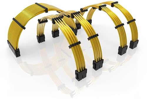LINKUP - 30cm Cavo di Prolunga di Alimentazione Rivestito in Silicone e Metallo Morbido e Flessibile per Instradare GPU e CPU Con Kit a Pettine| 1x24P(20+4)| 2x8p(4+4) CPU| 2x8p(4+2) GPU| 300mm - Oro