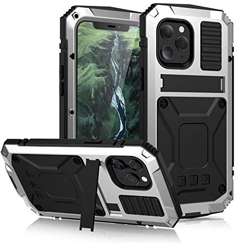 For iPhone 12 Case, Aluminum Metal Gorilla Glass Waterproof Shockproof Military Heavy Duty Sturdy Protector Cover Hard Case for iPhone 12 (Silver)