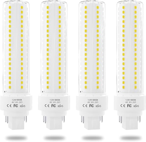 Lustaled Gx24q/G24q 4-Pin Base Light Bulbs, 12W Gx24 LED PL Recessed Lights, Daylight 6000K 26W CFL Replacement for Ceiling Light Downlight Wall Sconce, 4-Pack (Remove/Bypass The Ballast)