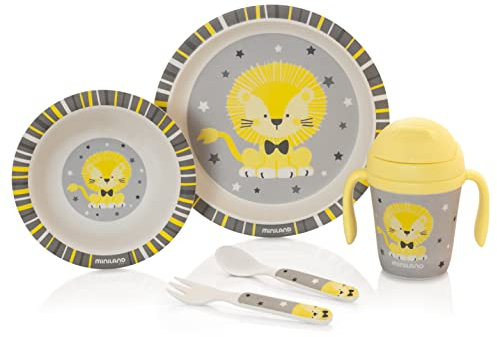 MINILAND - Vajilla infantil Naturmeal Leo. Incluye plato, bowl, vaso y cubiertos para niños..