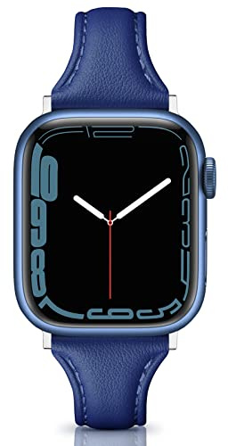 Tuocal Genuine Leather Strap Compatible with Apple Watch Straps 38mm 40mm 41mm, Slim Thin Soft Replacement Strap for Apple Watch iWatch Series 8 7 6 5 4 3 2 1 SE Sport Edition Women, Blue