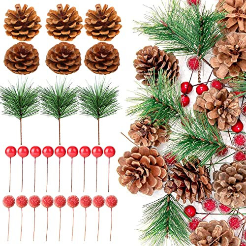 MEIYIFAN 240 Stücke Weihnachtskranz Zubehör,Rot Holly Beeren Weihnachten Dekoration, Weihnachten Kiefer Nadeln Faux Grüne Kiefern Picks,für DIY Girlande Schlafzimmer Wand Tür Deko