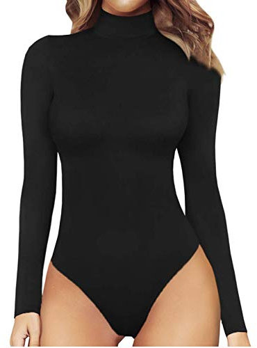 Damen Body Bodysuit Stehkragen Langarm Overall mit Rollkragen Jumpsuit Pullover Herbst T-Shirt Bodies Langarmshirt Slim Oberteil Elastisch Stilvoller Unterzieh-Body Tops (Black, L)