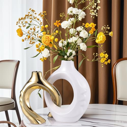 LCCCK Keramikvasen für Heimdekoration, Boho-Vase für Blumen, Pampasgras, dekorativ, hohle Donut-Vase für Wohnzimmer, Tisch, Hochzeit, Tafelaufsatz, modern, klein, weiß und gold
