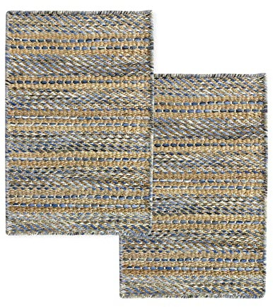 HAMID - Packen 2 Teppiche Woll- und Jute-Teppich Olivia, Handgewebter Woll-Jute-Teppich für Wohnzimmer, Schlafzimmer, Blau Geädert, (40 x 60 cm)
