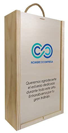 Deliex delicias de Extremadura. Caja de madera para botellas de vino/aceite personalizada para regalo de empresa. Incluye el logotipo y el texto que desees (2 botellas)