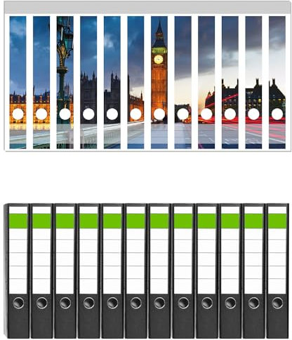 Wallario 12 Stück schmale Ordner inkl. Klebeetiketten mit Motiv London- Big Ben bei Nacht - Set mit Rückenschildern/Ordnerrücken Stickern