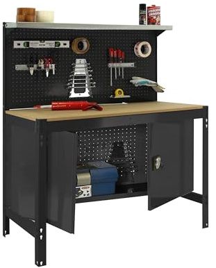 SimonRack Werkbank Werkstattbank, Tragkraft 600 kg, 1445 x 1210 x 610 mm, Arbeitstisch, Werkzeugaufbewahrung, Anthrazit/Holz - BT3