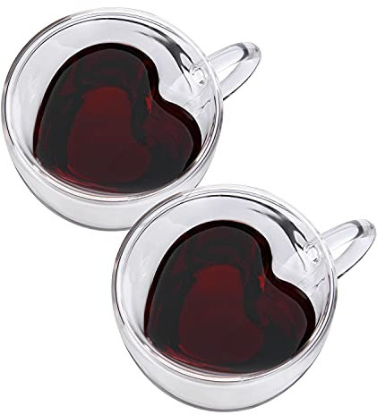CNGLASS Double Wall Heart Shaped Glass Coffee Mugs 8.5oz(250ml),Insulated Clear Tea Cups with Handle,Unique Glass Espresso Mugs for Coffee,Cappuccino,Latte,Milk,Set of 2