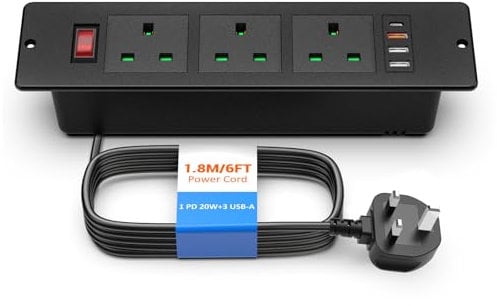 Ohuo Recessed Power Strip with 3 USB-A, 1 USB-C PD 20W, Desktop Power Socket with Switch