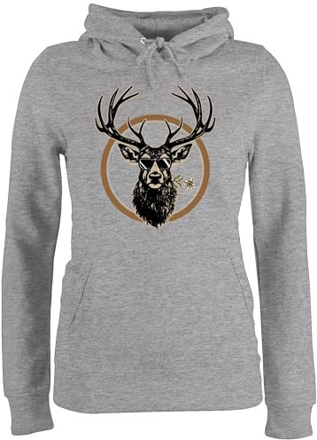 Pullover Damen Hoodie Frauen - Kompatibel mit Oktoberfest - Cooler Hirsch Hirschgeweih Jäger - L - Grau meliert - oktoberfestbekleidung Trachten Tracht bayrische sprüche trachtenpullover Oktober