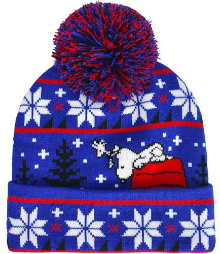 Concept One Peanuts Beanie Mütze, Snoopy Red House Ugly Xmas Sweater Winter Strickmütze mit Manschette und Bommel, Blau, Einheitsgröße, Blau, Einheitsgröße